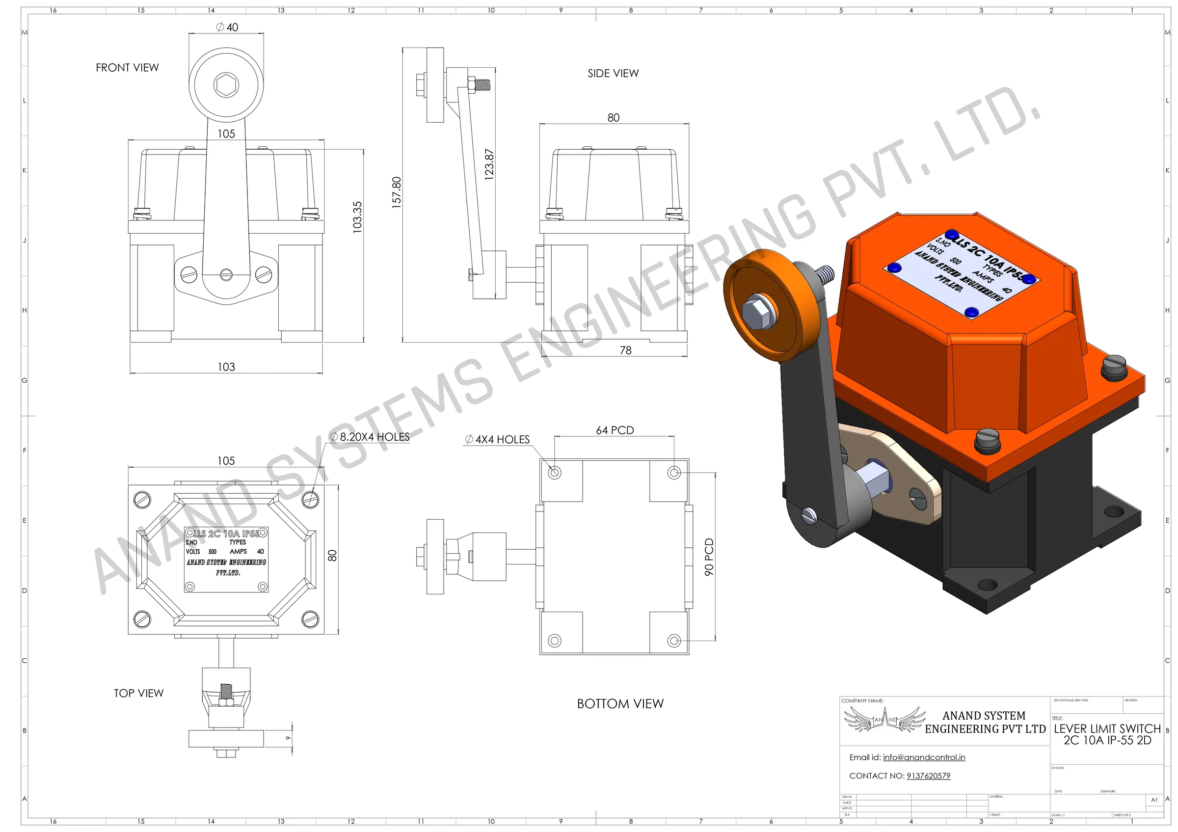Lever Limit Switch 2D Drawing